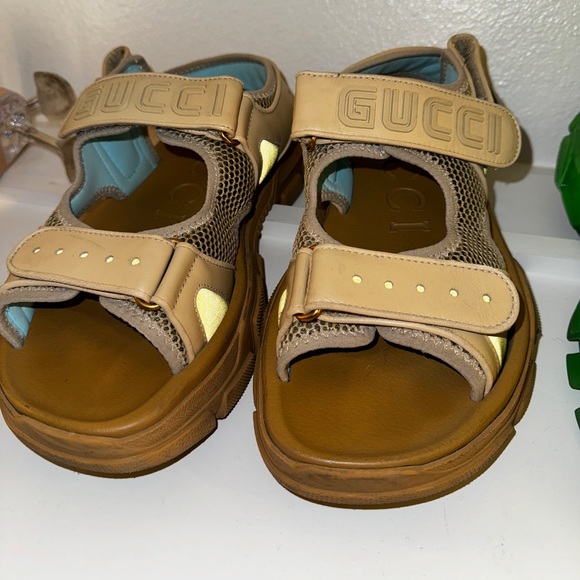 Authentic Gucci Aguru Leather/Mesh Sandals in Tan W Sz42-43 - Picture 2 of 5